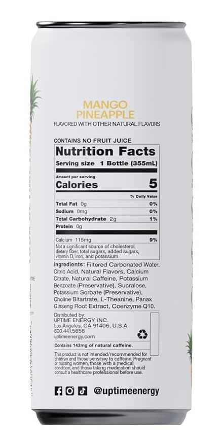 UPTIME Energy Drink Mango Pineapple 12 Pack Vitamin C L Theanine Calcium Sugar Free Energy Drinks for Focus Support 142mg of Natural Caffeine 5 Calories Clean Natural Non GMO 12 fl oz Cans
