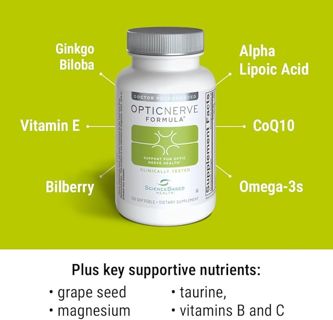 ScienceBased Health Optic Nerve Formula – Clinically Tested Eye Supplement Supports Nerve Function &amp Ocular Circulation – Omega-3s CoQ10 Alpha Lipoic Acid B Vitamins – 30-Day Supply