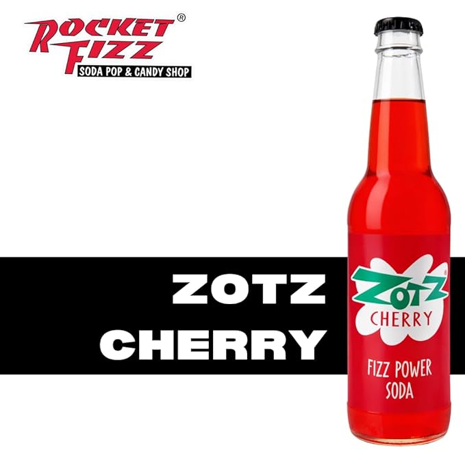 Rocket Fizz Zotz Cherry Soda Flavor | Cane Sugar | Craft Soda Pop Drinks | 12 oz in Glass Bottle (6 Pack)