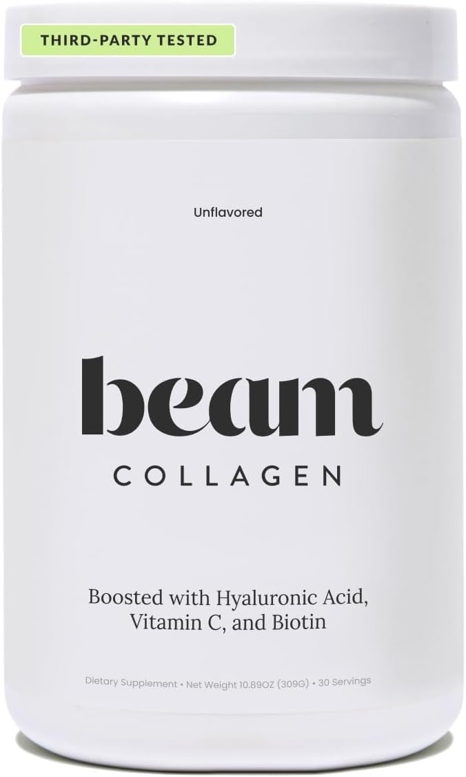 Beam Collagen Powder Collagen for Women Collagen with Hyaluronic Acid Collagen Peptides Type 1 and 3 with Biotin Grass Fed Bovine Third-Party Tested Best for Coffee Vitamin C 30 Servings