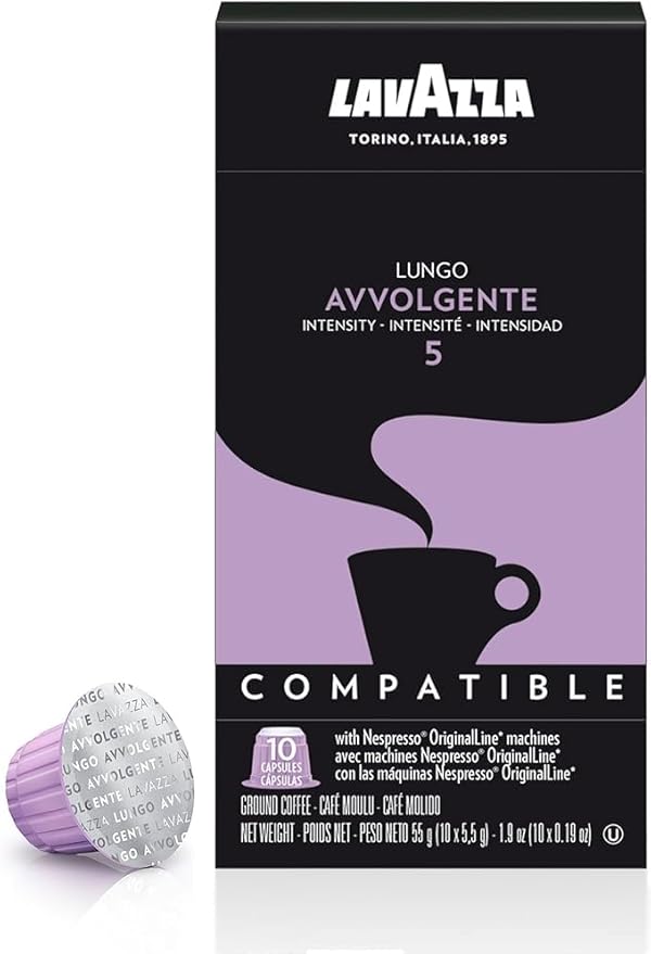 Lavazza Premium Coffee Corp Nespresso OriginalLine Compatible Capsules Avvolgente Espresso Lungo Dark Roast Coffee 10 ct