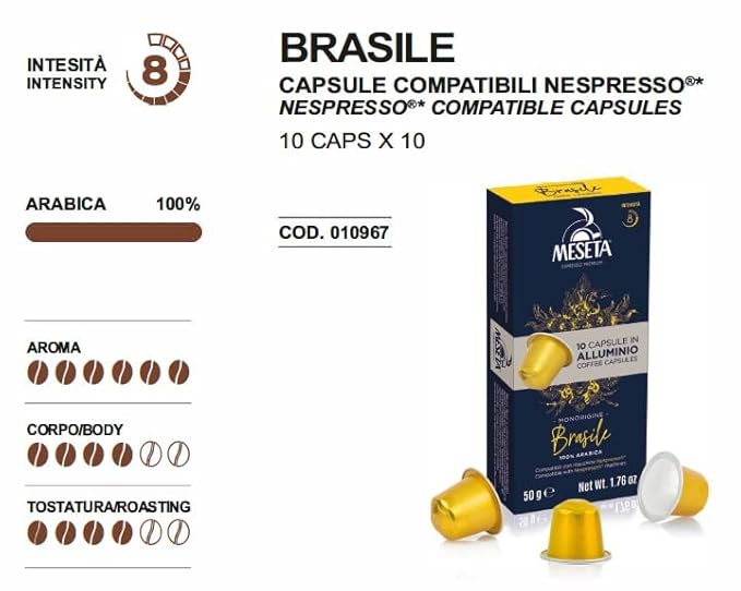 Meseta Monorigine Brasile 100 Nespresso Compatible Aluminium Coffee Capsule Pack -For Use in Nespresso Essenza Pixie Citiz Inissia Lattissima Maestria other Nespresso Originaline Machines - 100c