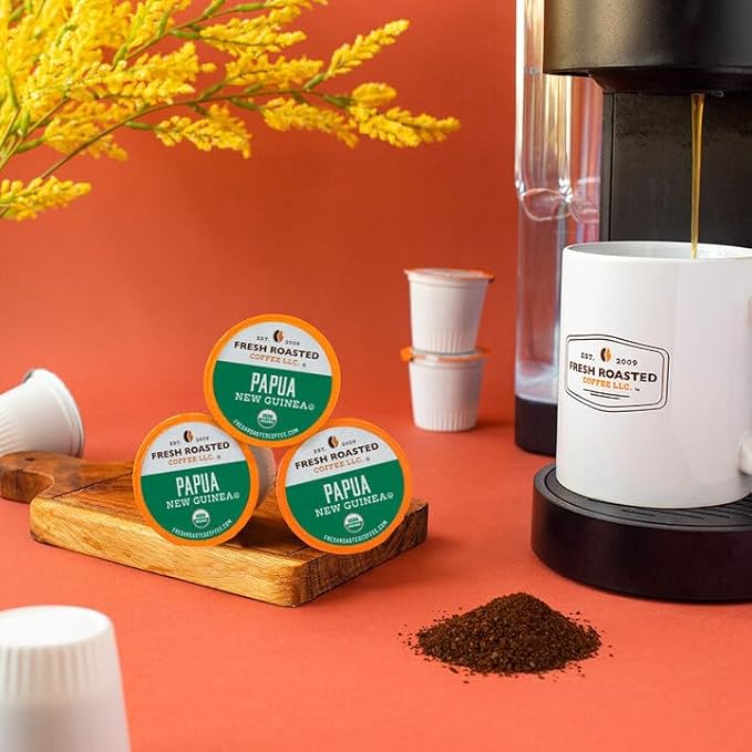 Fresh Roasted Coffee Organic Papua New Guinea | USDA Organic 100% Single Origin Kosher | Medium Roast 72 Pods for K Cup Brewers