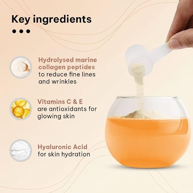 CollaSkin Marine Collagen Peptides | Collagen Supplements for Women &amp Men with Vitamin C E &amp Hyaluronic Acid for Youthful Glowing Skin &amp Healthy Hair &amp Nails Orange 100 g