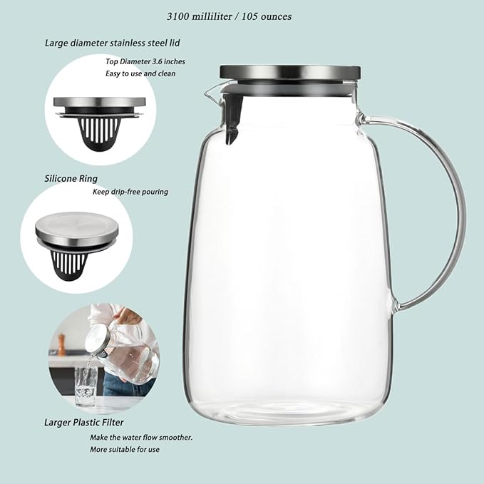 Purefold Glass Pitcher 105 oz Water Pitcher with Lid Heat Resistant Borosilicate Jug for Iced Tea Juice Milk Cold or Hot Beverages Large Caliber Easy Clean