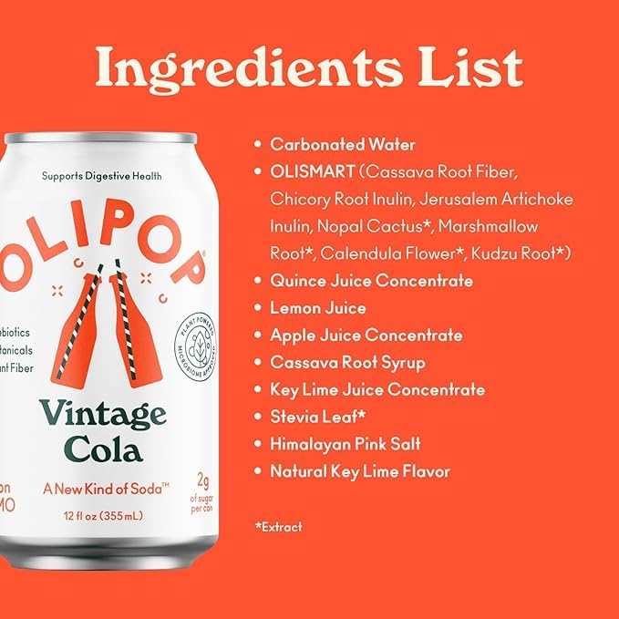 OLIPOP Prebiotic Soda Pop Vintage Cola A New Kind of Soda Packed with Prebiotics Fiber and Botanicals Gluten Free GMO Free 12oz (12-Cans)