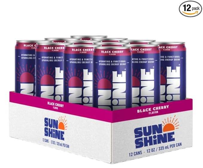 Sunshine Sparkling Energy Drink Black Cherry with Daily Essential Vitamins 360mg of Electrolytes 70mg of Natural Caffeine 12 Fl Oz (Pack of 12)