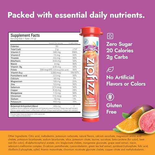 Zipfizz Daily Energy Drink Powder Passion Orange Guava 20 Pack | 3-in-1 Sustained Energy Rapid Hydration and Essential Vitamins | Sugar-Free | Electrolyte Powder | Contains Vitamin B-12 &amp Anti