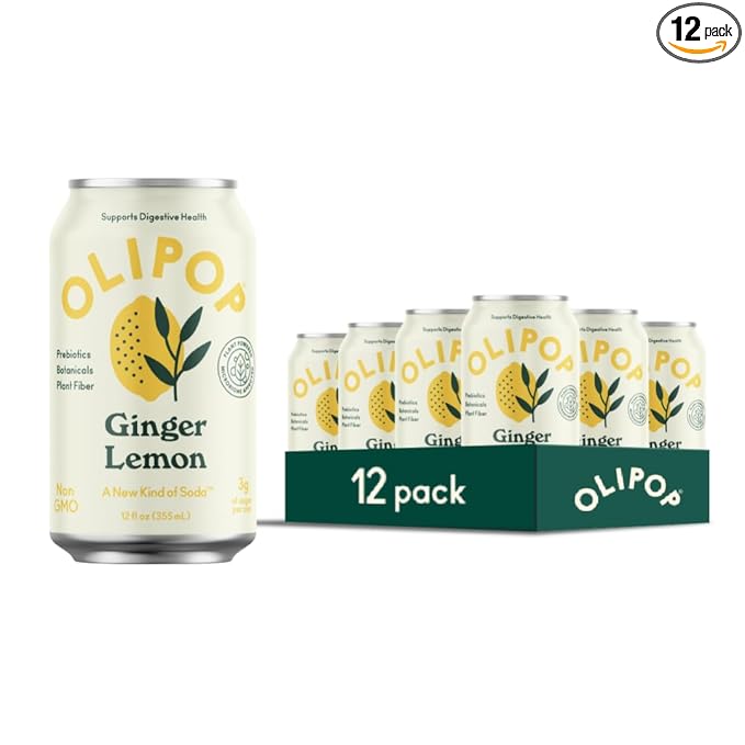 OLIPOP Prebiotic Soda Pop Ginger Lemon A New Kind of Soda Packed with Prebiotics Fiber and Botanicals Gluten Free GMO Free 12oz (12-Cans)