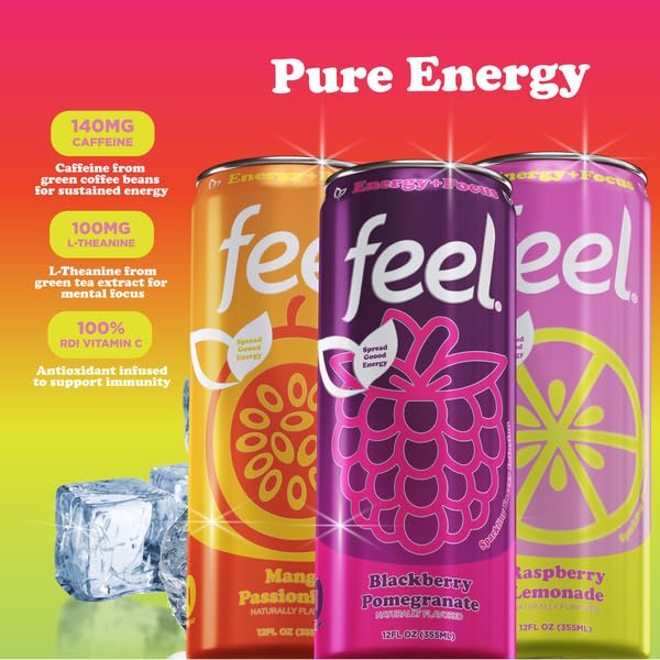FEEL Zero Sugar Natural Energy Drink Variety Pack – Blackberry Pomegranate Mango Passionfruit &amp Raspberry Lemonade 140mg Plant-Based Caffeine with L-Theanine for Focus Vitamin C for Immunity V