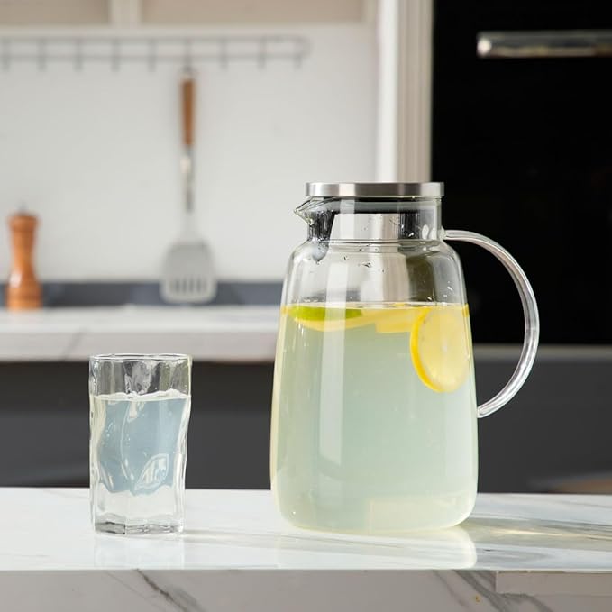 Purefold Glass Pitcher 105 oz Water Pitcher with Lid Heat Resistant Borosilicate Jug for Iced Tea Juice Milk Cold or Hot Beverages Large Caliber Easy Clean