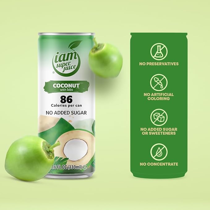 I am Superjuice 100% Coconut Water (With Bits) - Natural Fruit Juice Drink - No Added Sugar or Sweetener - Low in calories (86 per can) - No Preservatives - No concentrate - Naturally Sweet - 12 Pack