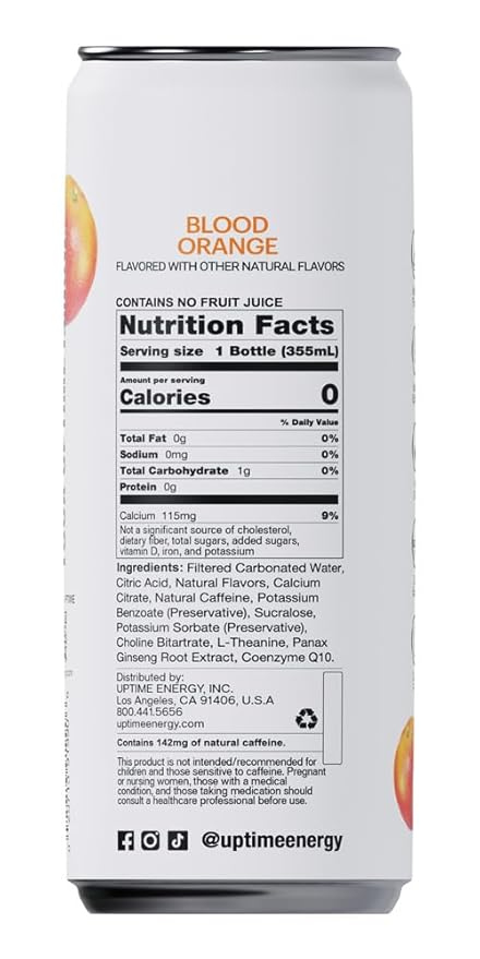 UPTIME Energy Drink Blood Orange Sparkling 12 Pack Vitamin C L Theanine Calcium Sugar Free Energy Drinks for Focus Support 142mg of Natural Caffeine 0 Calories Clean Natural 12 fl oz Cans