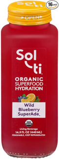 Organic SuperAde Hydration Drink with Powerful Anti-Oxidants SuperFood Lemonade by Sol-ti Cold-Pressed Wild Blueberry and Lemon Juice Blend 16 Pack (14.9 Fl oz)