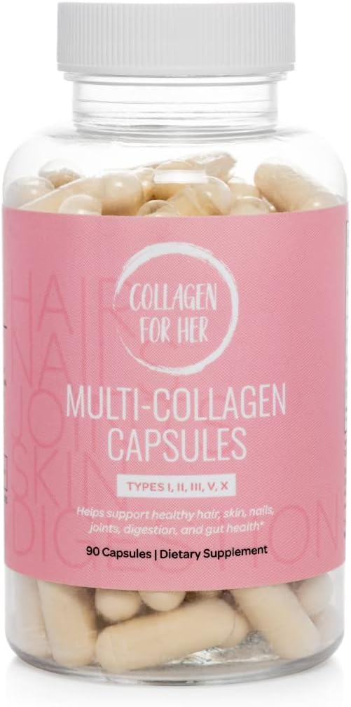 Collagen For Her: Multi Collagen Capsules for Women (Types I II III V X) Hydrolyzed Collagen Peptides Vitamin Supplement for Hair Skin Nails and Joint Support (90 ct.)