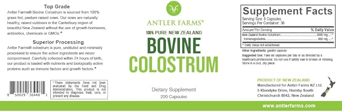 Antler Farms 100% Pure New Zealand Bovine Colostrum 220 Capsules 600mg - Grass Fed Pasture Raised Clean Sourced Cold Processed Undiluted High IgG Content