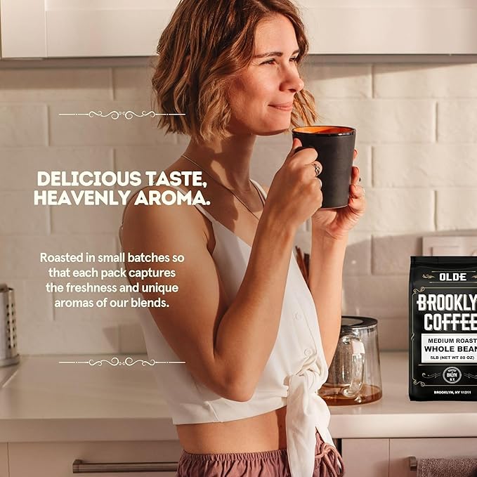 BROOKLYN COFFEE Whole Bean Classic Medium Roast (5lb) Balanced Smooth Mellow - Fresh Bulk Coffee Beans Roasted Weekly in NYC
