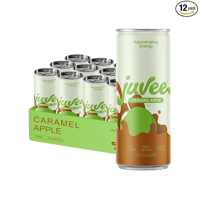 Juvee Rejuvenating Energy Drink – Sugar Free Caramel Apple Flavor 12 oz Cans (12-Pack) – 128mg Natural Caffeine Zero Sugar Low Calorie Clean Energy &amp Focus Booster for Daily Use