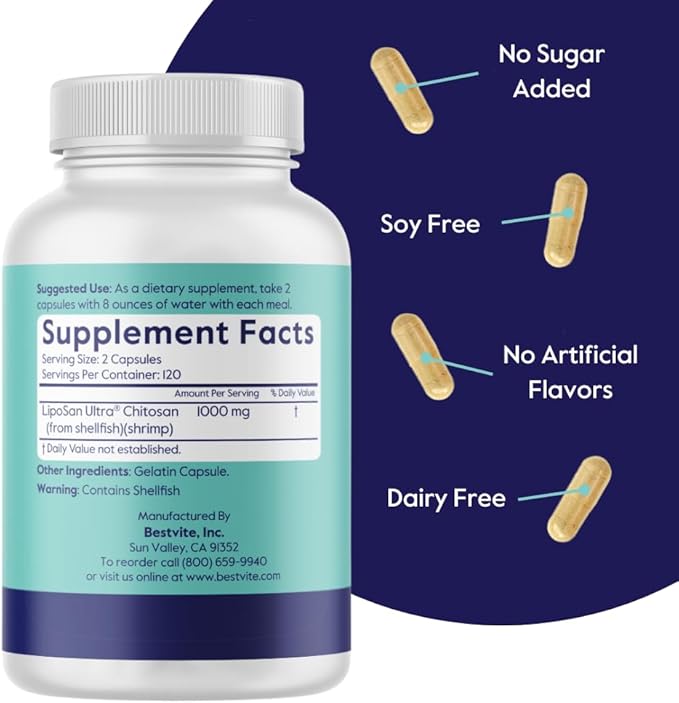 BESTVITE Liposan Ultra Chitosan 500mg (240 Capsules) - Patented Faster Acting Than Regular Chitosan - No Stearates - No Fillers