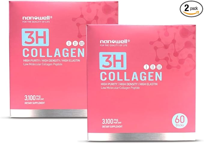 NANOWELL 3H Collagen Peptide 60 Sticks X 2 Boxes for 2 Months - I II &amp III with Vitamin A C E Hydrolyzed Elastin Peptide and Hyaluronic Acid - Hair Nail Skin and Joint Support (120 Count)