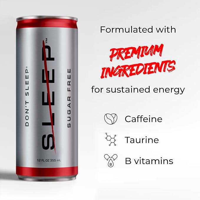 Don't Sleep Energy Drink - Sugar-Free 12-Pack Clean energy &amp 5 Calories per Can Caffeine Taurine and B-BVitamins for an Unstoppable Boost - 116mg of Caffeine