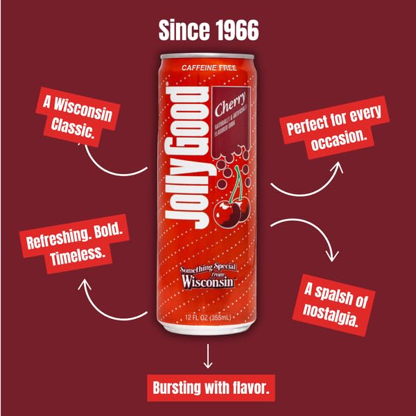 Jolly Good Cherry Craft Soda Flavored Soda Pop Drink Caffeine Free Soft Drinks for Adults &amp Kids Craft Soda for Mocktails &amp Cocktails Made in America Vegan12 Oz Cans 12 Pack