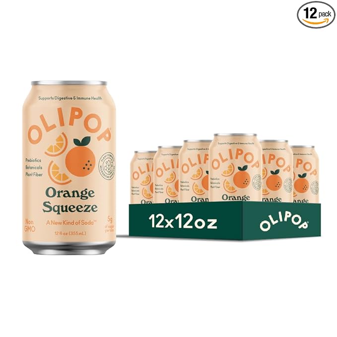 OLIPOP Prebiotic Soda Pop Orange Squeeze A New Kind of Soda Packed with Prebiotics Fiber and Botanicals Gluten Free GMO Free 12oz (12-Cans)
