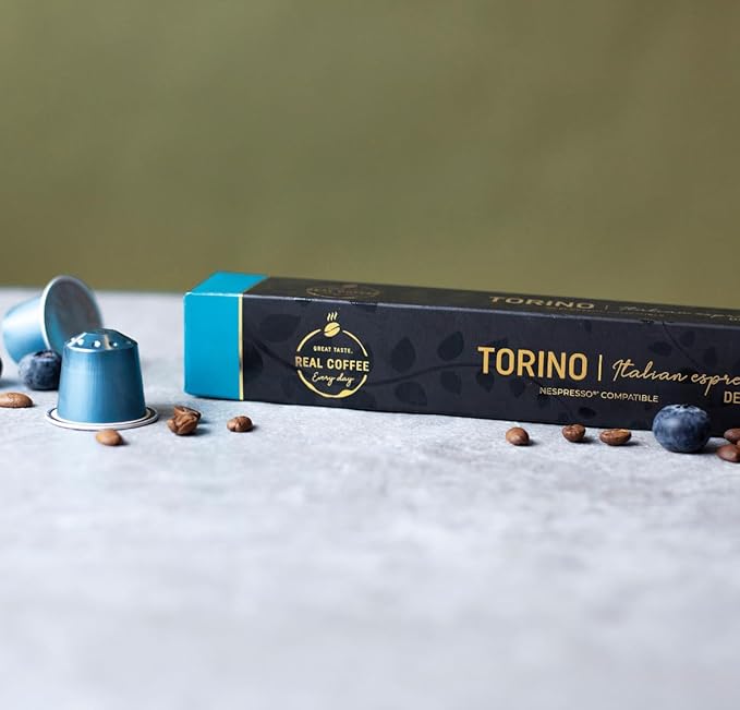 Decaf Italian ‘Torino’ Espresso Compatible with Nespresso | 100 Decaffeinated Aluminum Capsules | Bold Italian Flavor With No Buzz | Medium roast Arabica unfolds fresh fruits flowers and honey