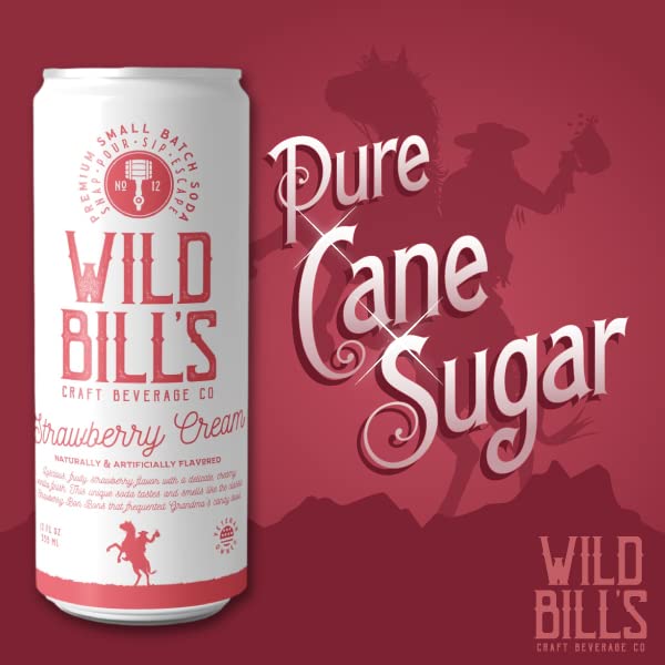 Wild Bill's Strawberry Cream Soda Classic Craft Soda Pop Soft Drinks Sodas Made with Pure Cane Sugar Caffeine Free NO High Fructose Corn Syrup Gluten Free Vegan Low Sodium 12 Oz 12 Pack
