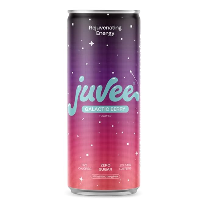Juvee Rejuvenating Energy Drink – 12 oz Cans (12-Pack) – Sugar Free 128mg Natural Caffeine per Can Zero Sugar Low Calorie Clean Energy &amp Focus Support for All-Day Performance (Galactic Berry)