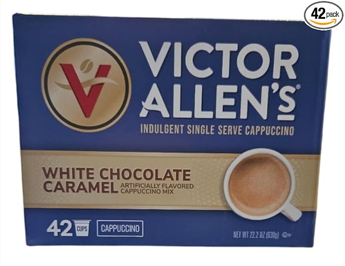 Victor Allen Indulgent White Chocolate Caramel Cappuccino Single Serve Cups BUNDLE - 42 Count w/ 5 RECIPES