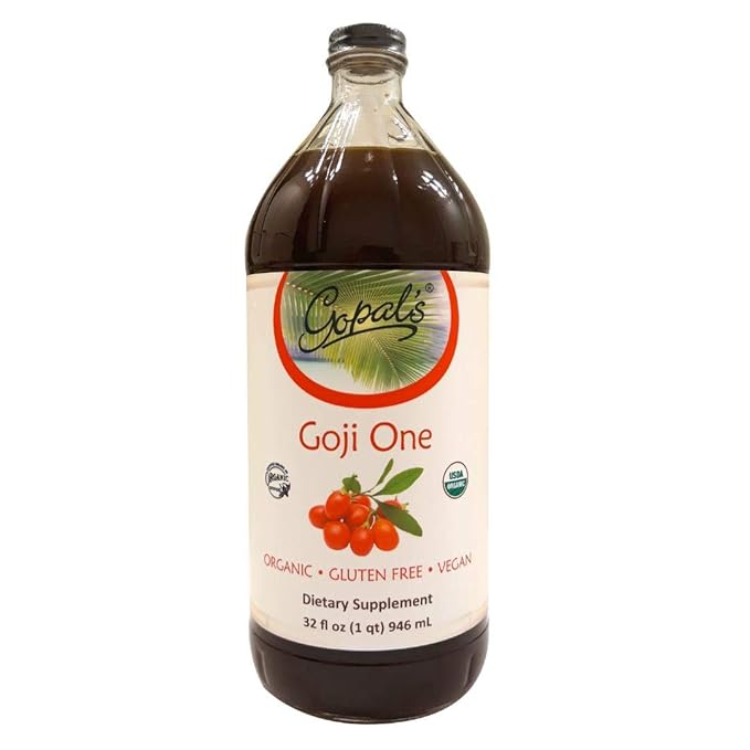 Gopal's Healthfoods Goji One Organic Juice - 32oz (1qt) Glass Bottle Gluten-Free Vegan Superfruit Liquid 30g of Pure Goji Juice Per Serving Vitamin &amp Antioxidant Rich
