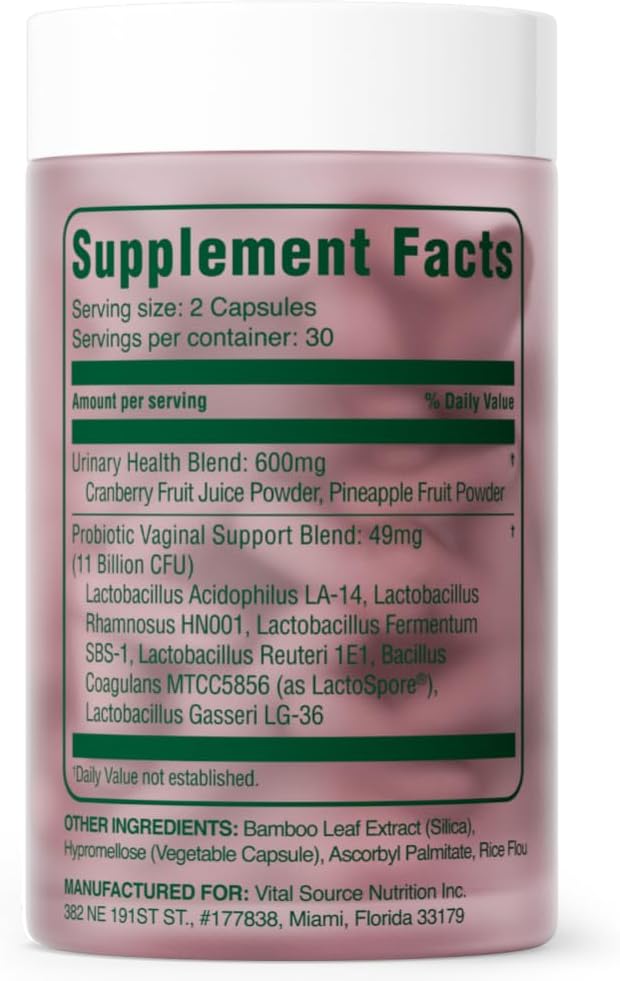 Vital Source Nutrition - ViXi - Feminine Balance Capsules - Vaginal Wellness &amp pH Support - with LactoSpore Cranberry + Pineapple Fruit Powder -Supports Urinary Wellness &amp Healthy Flora -30 S