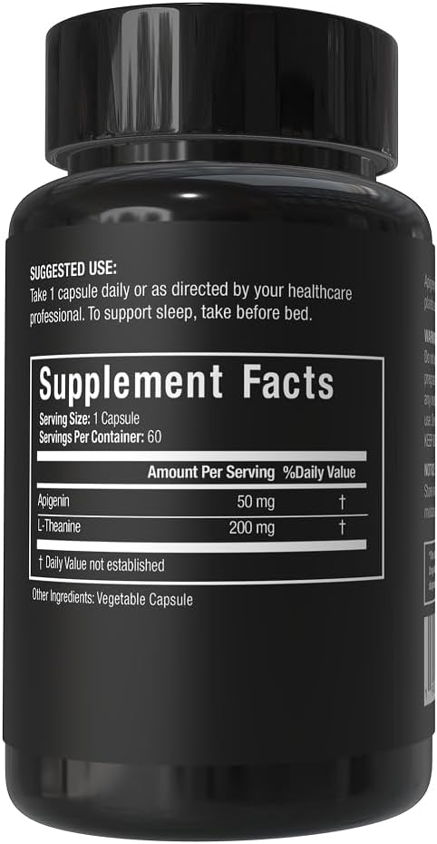 Apigenin with L-Theanine for Better Sleep | Premium Sleep Support Relaxation &amp Sleep Quality Aid | Non-Drowsy Melatonin Free | 60 Capsules
