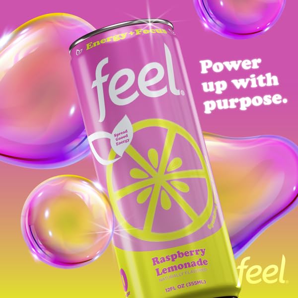 FEEL Zero Sugar Natural Energy Drink – Raspberry Lemonade 140mg Plant-Based Caffeine with L-Theanine for Focus Vitamin C for Immunity Vegan Non-GMO No Artificial Sweeteners 12 Fl Oz Cans (12-Pac