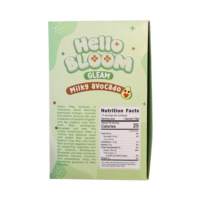 Hello Bloom Gleam Milky Powder Drink [10 Sachets x 18g] 6.3 Ounce (Pack of 1) Milky Avocado