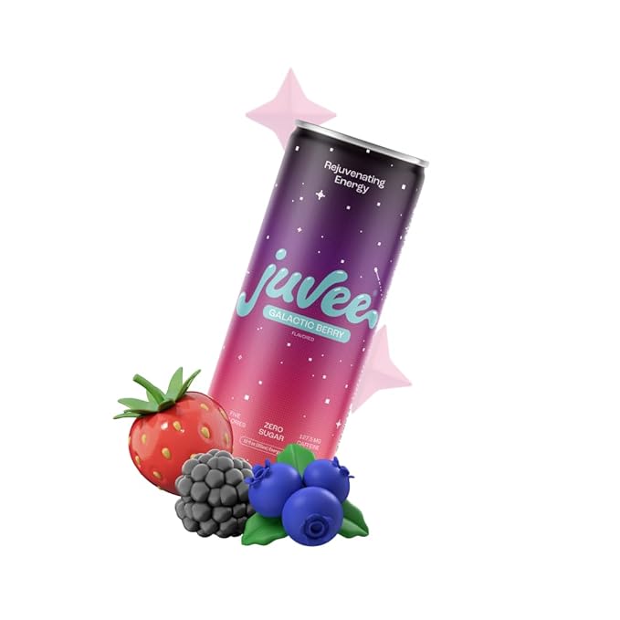 Juvee Rejuvenating Energy Drink – 12 oz Cans (12-Pack) – Sugar Free 128mg Natural Caffeine per Can Zero Sugar Low Calorie Clean Energy &amp Focus Support for All-Day Performance (Galactic Berry)