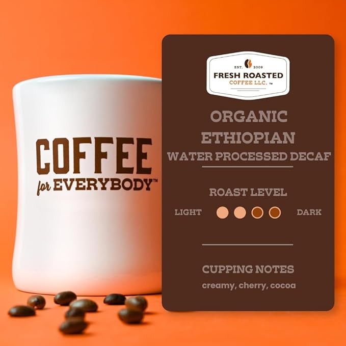 Fresh Roasted Coffee Organic Ethiopian Sidamo Water-Processed Decaf | USDA Organic 100% Single Origin Kosher | Medium Roast 72 Pods for K Cup Brewers