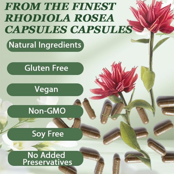 Raipult Rhodiola Rosea Capsules | 500mg Rhodiola Rosea Extract Supplement for Stress Support Mental Focus &amp Energy Immune Function Non-GMO 60 Capsules (1)