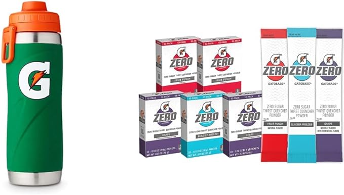 Gatorade 26oz Stainless Steel Bottle Green+Gatorade G Zero Powder Fruit Punch Variety Pack 0.10oz Packets (50 Pack)