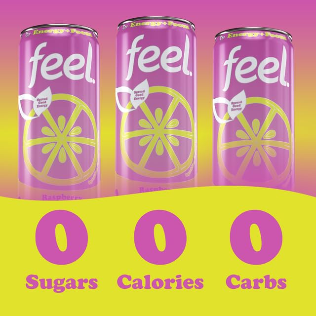 FEEL Zero Sugar Natural Energy Drink – Raspberry Lemonade 140mg Plant-Based Caffeine with L-Theanine for Focus Vitamin C for Immunity Vegan Non-GMO No Artificial Sweeteners 12 Fl Oz Cans (12-Pac