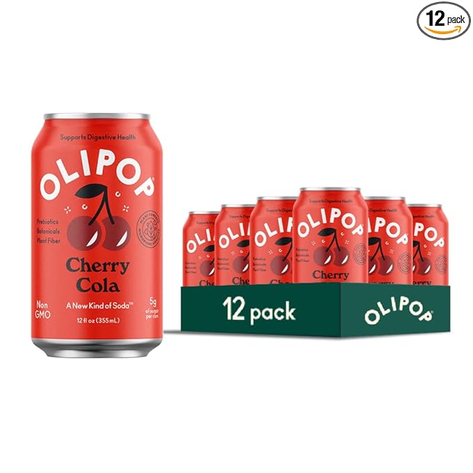 OLIPOP Prebiotic Soda Pop Cherry Cola A New Kind of Soda Packed with Prebiotics Fiber and Botanicals Gluten Free GMO Free 12oz (12-Cans)