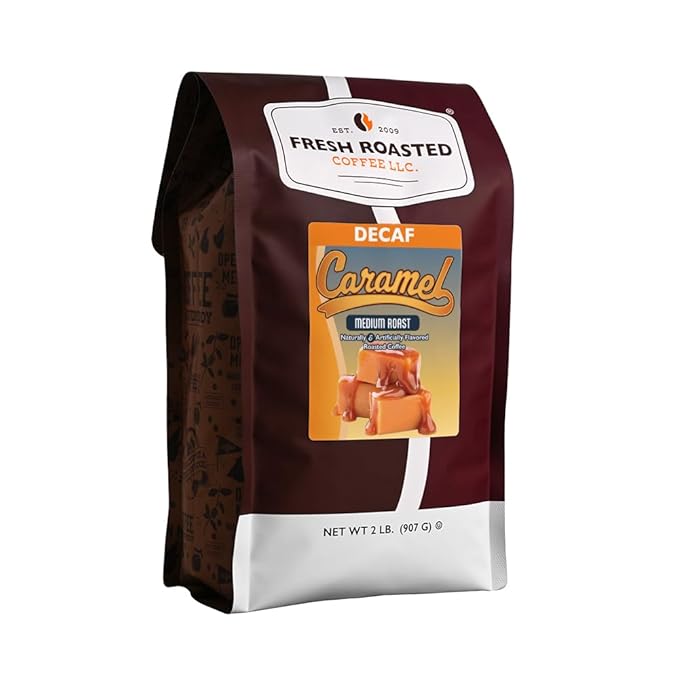 Fresh Roasted Coffee Decaf Caramel Flavored Coffee 2 lb (32 oz) Medium Roast Kosher Ground