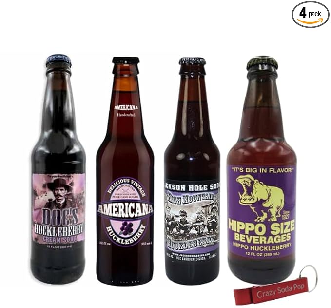 Huckleberry Soda Variety Sampler Pack | Premium Crafted Variety Pack from Around USA | Includes Crazy Soda Pop Bottle Opener (4 Pack)