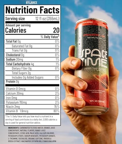 SpaceTime Productivity &amp Focus Energy Drink – Real Juice Infused Nootropic Drink with 50mg Organic Caffeine L-Theanine Rhodiola &amp B Vitamins – Clean Low-Caffeine Brain Boost – Strawberry Li