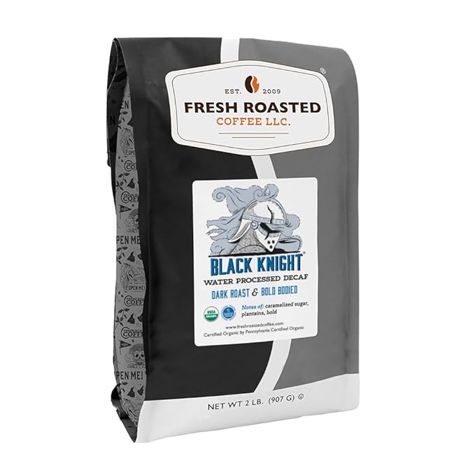 Fresh Roasted Coffee Organic Black Knight Water-Processed Decaf | USDA Organic Kosher | Dark Roast 2 lb (32 oz) Ground