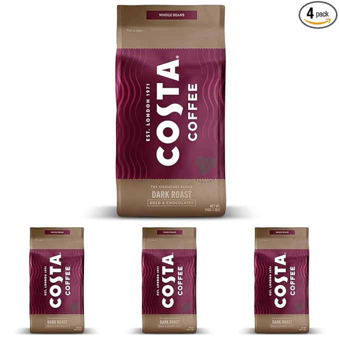 Costa Coffee Whole Bean Coffee Signature Blend Dark Roast 12oz each Rainforest Alliance Certified (Pack of 4)