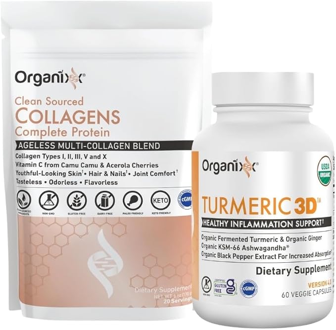 Organixx Clean Sourced Collagens (20 Servings) &amp Turmeric 3D (60 Caps) Bundle Collagen Protein Organic Turmeric Ginger &amp Ashwagandha Supports Joints Skin Hair Nails &amp Immune Health