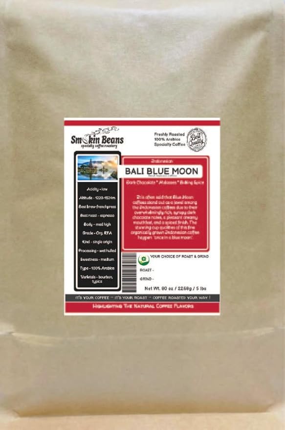 Smokin Beans 5-Pound Indonesian Bali Blue Moon Freshly Roasted Coffee Giling Basah Processing Espresso Roast Premium Whole Bean Specialty Coffee