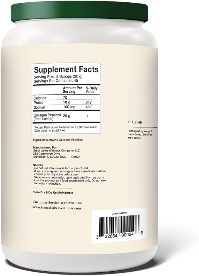 Great Lakes Wellness Collagen Peptides Powder – Supports Skin Hair Nails Joints &amp Digestion – Hydrolyzed Quick Dissolve Non-GMO Keto &amp Kosher – Pure Collagen Protein (32 oz 45 Servings)
